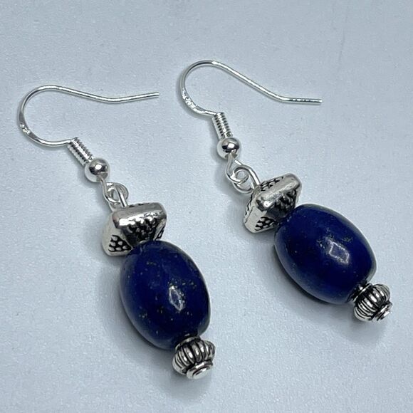 Artisan Silver Plated Blue Lapis Lazuli Stone Beaded Dangle Earrings Boho Cute - Picture 1 of 7